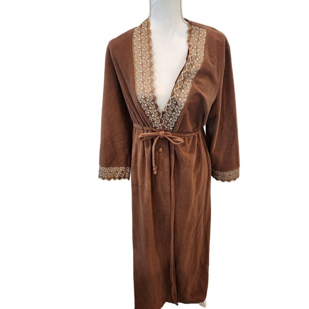 Vintage 70s JC Penny Womens Brown Robe S Sleepwear Lace Trim Housecoat